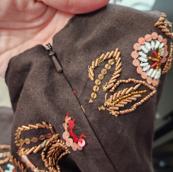 Vintage Parisian Brown Beaded Linen Tulle Midi Skirt Size 8 - Picture 7 of 7